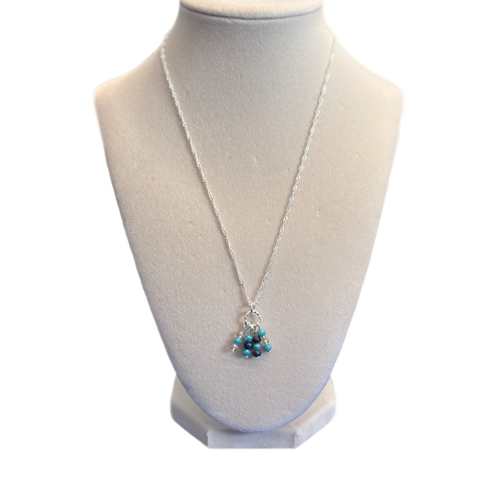 Silver Necklace with Blue and Light Yellow Crystal Beads Handmade